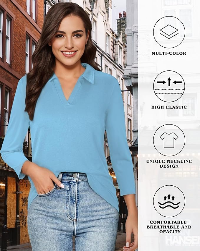 Polo Shirts for Women, V-Neck Business Casual Tops for Women, Collared Shirt Tunic Tops 3/4 Sleeve Work Blouses
