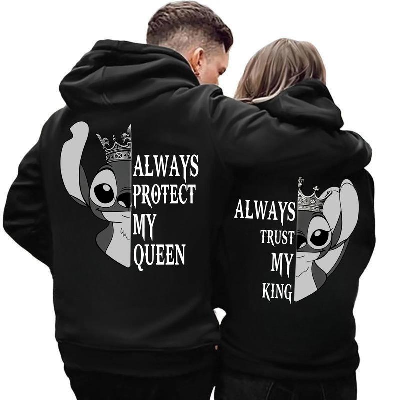 Stitch And Angel Couple Hoodies, Her King His Queen Sweatshirt, Matching Shirts, Matching Hoodies, Trendy Graphic Tee for Men & Women, Womenswear, Gift For Her & Menswear