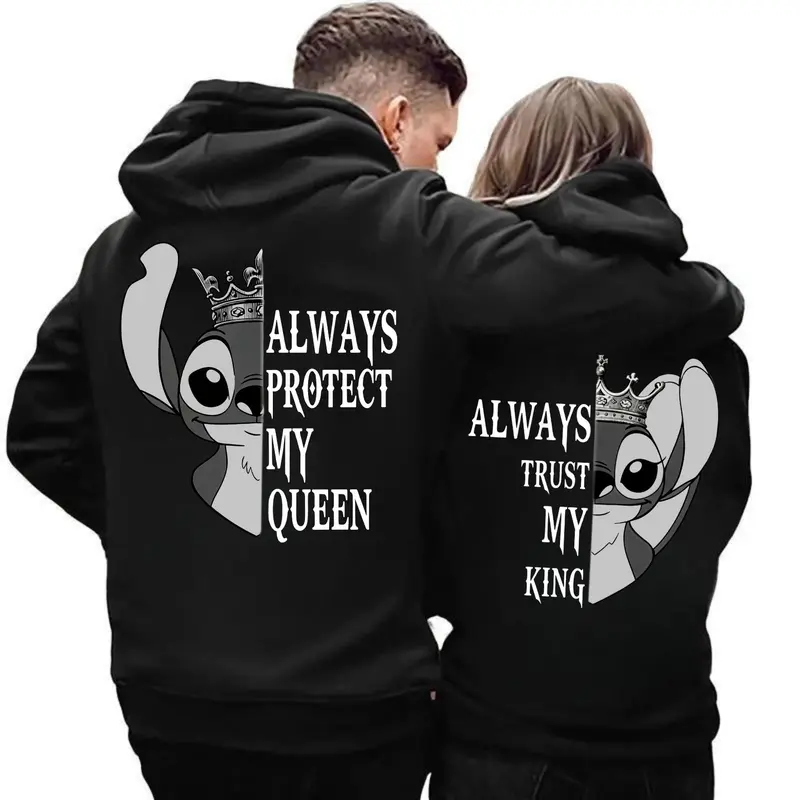 Stitch And Angel Couple Hoodies, Her King His Queen Sweatshirt, Matching Shirts, Matching Hoodies, Trendy Graphic Tee for Men & Women, Womenswear, Gift For Her & Menswear