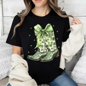 Green Cowboy Boots Featuring Shamrock Bow Print and White Crew Neck T Shirt Ideal Casual St Patrick's Day Ensemble for Women