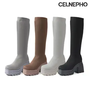 CELNEPHO Winter Boots for Women Round Toe Chunky Platform Heel Knee High Knit Boot Warm Stretch Sock Booties Easy Pull on Party Outdooe Event Fashion Boot Gift Nightout Streetwear Dress Shoes