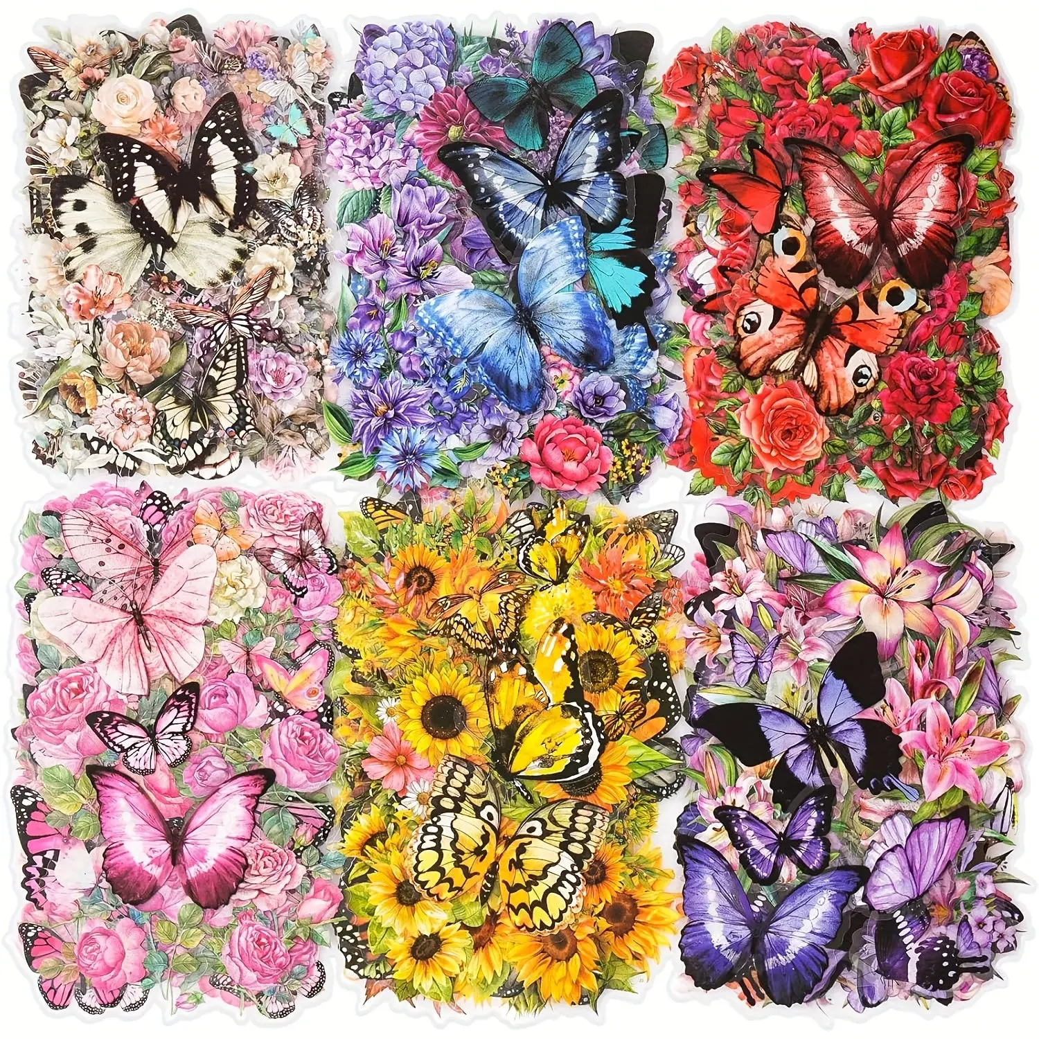 300pcs Assorted Durable Transparent PET Butterfly-Flower Adhesive Stickers - 1.4-3 in, Waterproof Office Stationery Decals, Clean Residue-Free for Journaling, DIY Craft Kit for Scrapbook Enthusiasts