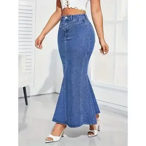 Women's Chic High-Waist Stretch Denim Mermaid Skirt - Versatile & Fashionable, Fishtail Design with Pockets, Machine Washable, Perfect for Spring/Summer/Fall Spandex Womenswear Bottom Comfort Maxi Casual Fabric Palda Basic Minimalist