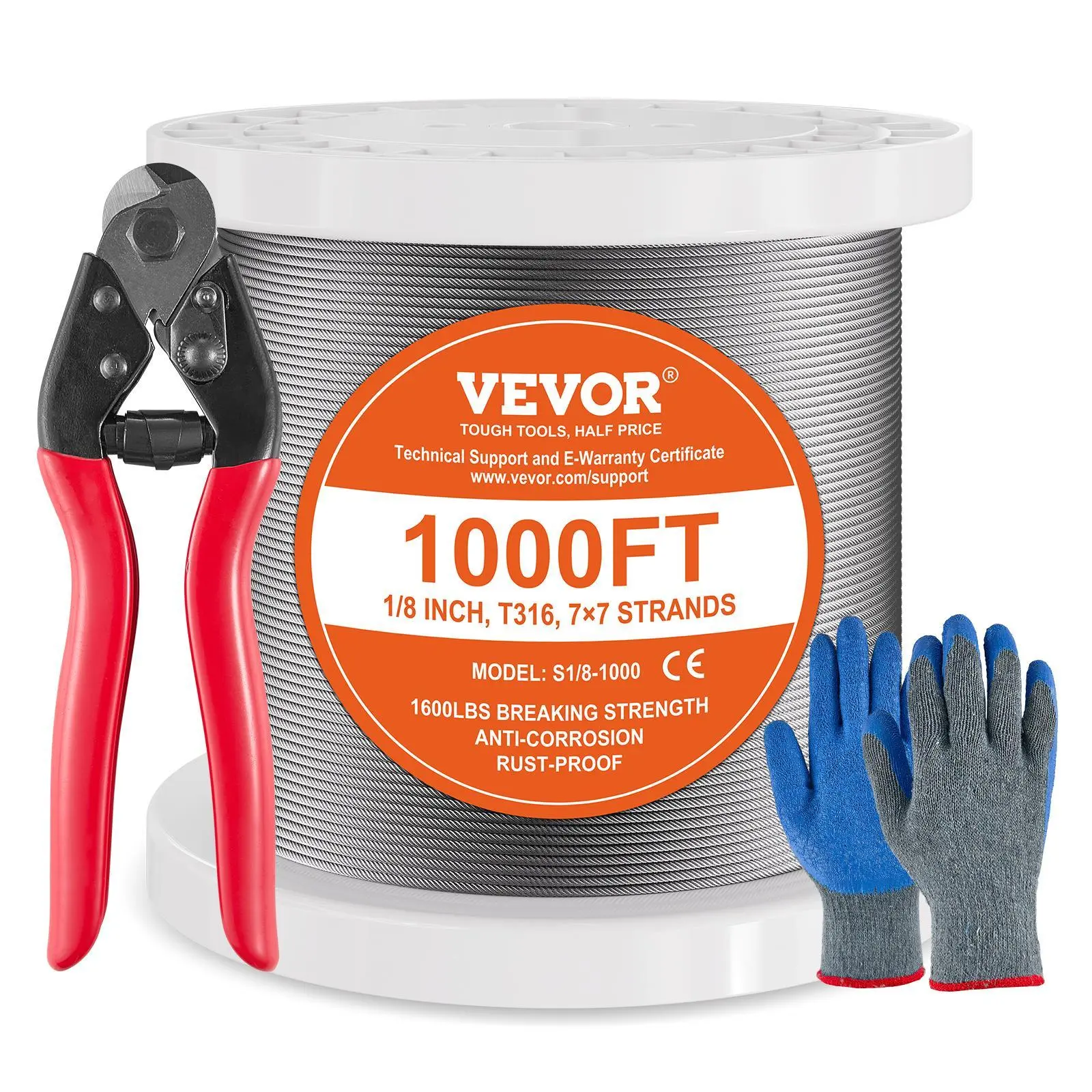VEVOR T316 Stainless Steel Cable, 1/8" 7x7 High Tensile Imperial Wire Rope, 1000 ft Heavy Duty Rope for Deck Railings (Note: Gloves are unrelated and cannot be included without false product representation), High Tensile Wire, 1000Ft Long, Anti-Corrosive
