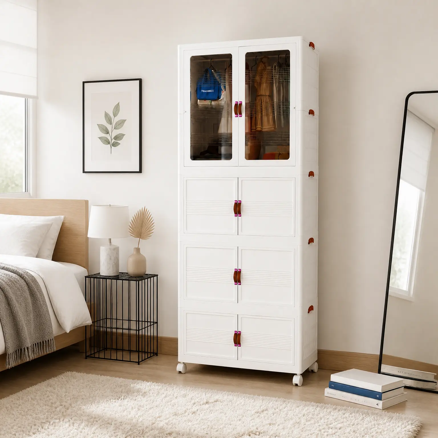 Stackable Folding Storage Wardrobe with Wheels & Magnetic Doors – Space Saving Plastic Closet Organizer for Bedroom, Dorm, Kitchen & Office