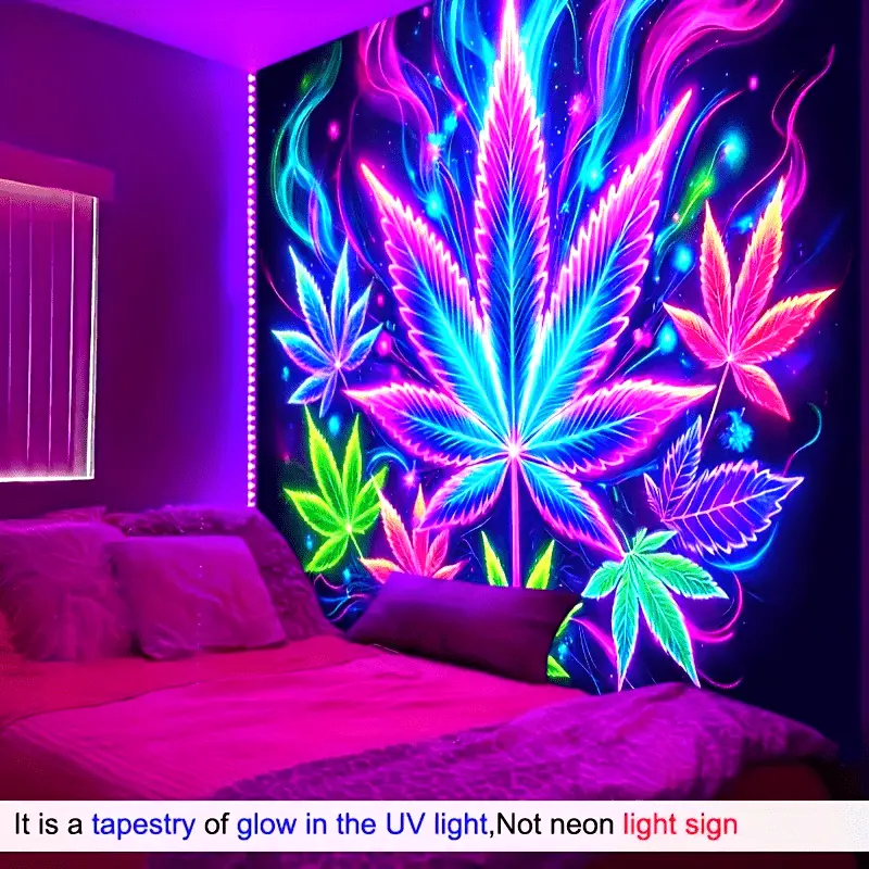 1pc 2D/Flat UV Black Light Neon Psychedelic Leaf Polyester Flag Banner Tapestry, Neon Light Game Room Photography Backdrop, 78.74X59.05 Inch, Living Room Bedroom Office Terrace Indoor Outdoor Home Wall Club Gym Party Supplies Decorations St, Room Decor, L
