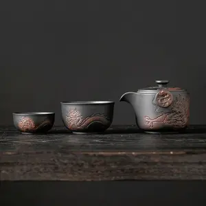 Purple Clay Handheld Teapot and Cups Camping Portable Travel Tea Set