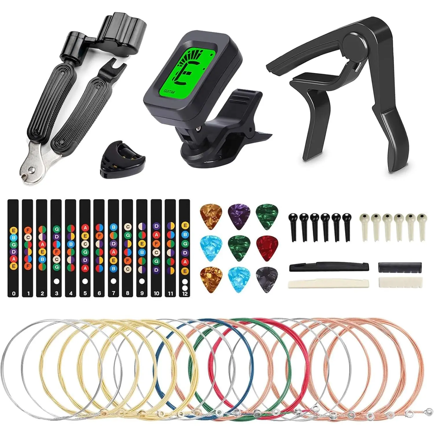 Beginner Acoustic Guitar Setup Kit for Teachers - Bronze Coated Strings, Tuner with Bright Large LED Display & Accurate Vibration Detection, Capo, 3-in-1 Restring Tool, Pick Holder, Bridge Pins, Nuts, Saddles, Fretboard Stickers, Bass Compatibility
