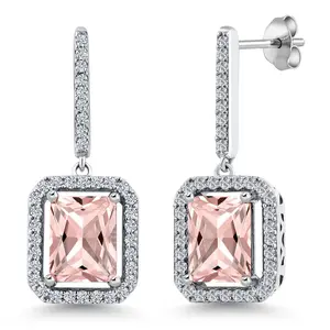 925 Sterling Silver Peach Simulated Morganite Earrings For Women (4.96 Cttw, Emerald Cut 9X7MM)