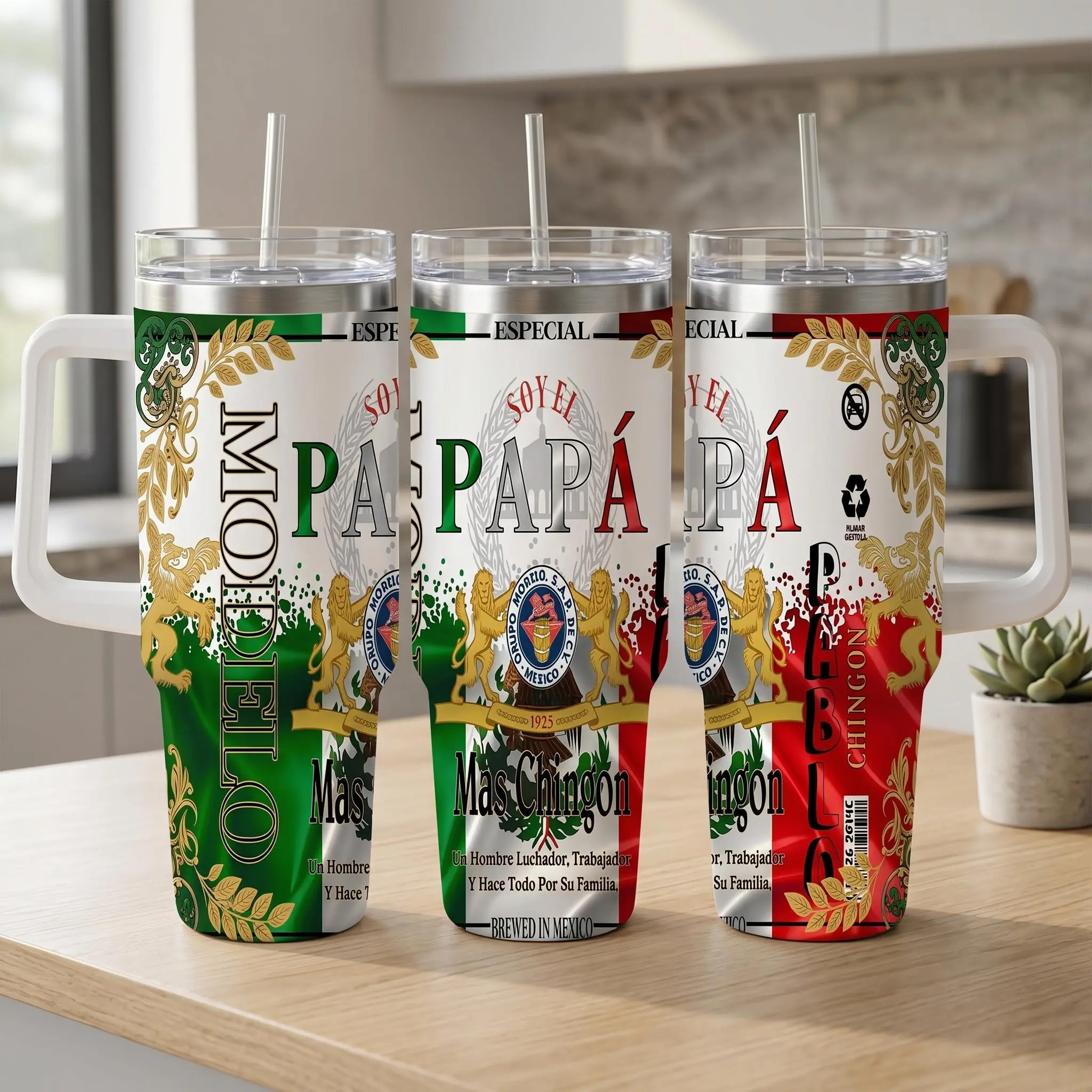 Insulated Double Wall Stainless Steel Portable Flask (20oz/30oz/40oz) - 40oz White Handle, Matte Finish Mexican Flag Beer Inspired Tumbler, Lid, Straw, Drink Holder Friendly, Father's Day Gift for Dads, Mexican Pride Kitchenware Drinkware, Flasks, Insulat