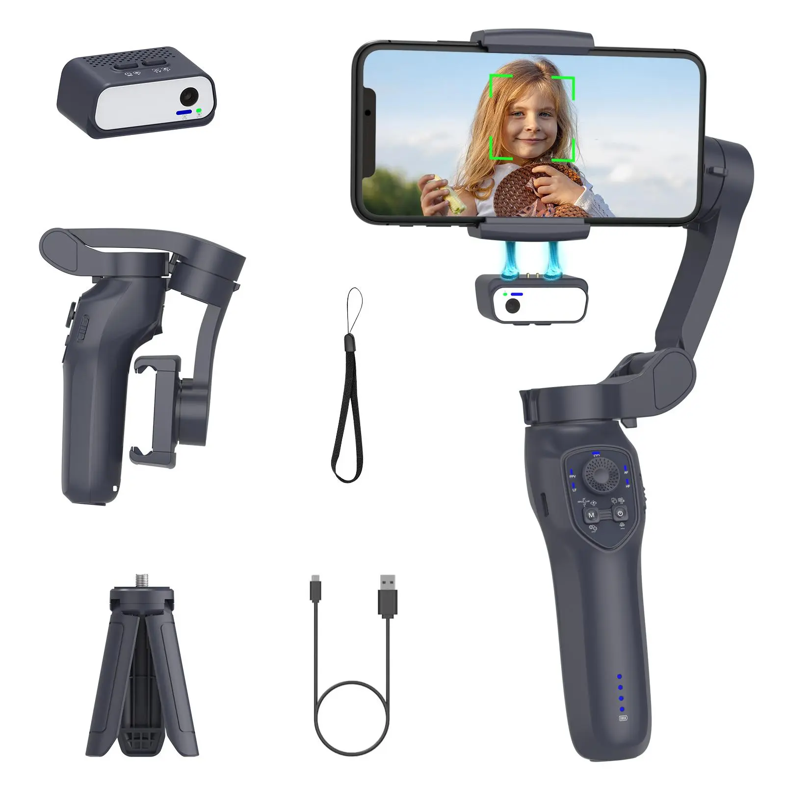 AI Tracking Phone Gimbal Stabilizer, 3-Axis Foldable Portable Smartphone Gimbal with Focus Wheel for iPhone 15/14 Pro Max and Android, Travel Gadgets and Cellphone Selfie Accessory, Three Axis Gimbal, Smartphone Camera Accessories