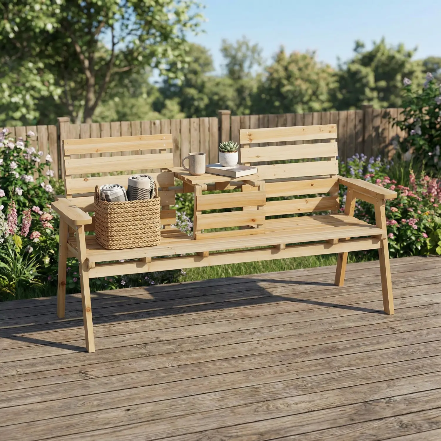 Spaco 2-Person Rustic Raw Fir Wood Slat Bench - Sturdy 710 lbs Capacity, Fixed Back, Foldable Convertible Middle Coffee Table, Center Storage Top, Safety Latch, Weather-Resistant, Assembly Required for Garden, Porches