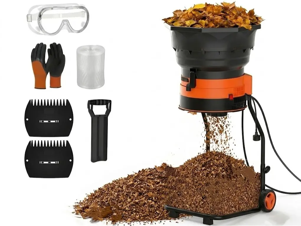 MAXLANDER Portable Electric Leaf Shredder & Mulcher, Heavy-Duty 15 Amp (8400 RPM) Garden Grinder Chipper, 18:1 Waste Reduction, 55 GPM for Wet and Dry Lawn Leaves. Features Adjustable Dial & Value Accessory Kit  Gloves, Scoops, Spade, Goggles