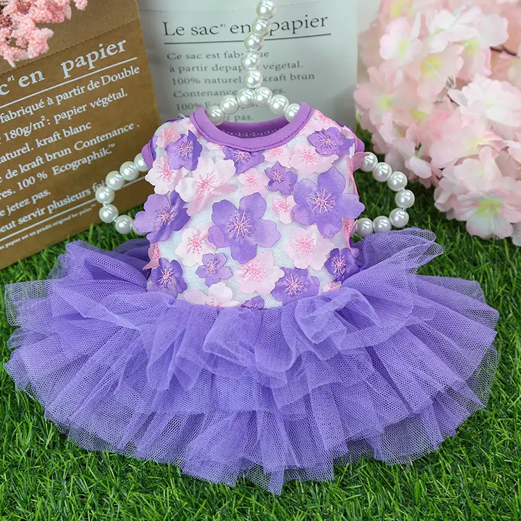 Small Dog Floral Tulle Tutu Dress with Layered Mesh Skirt Summer Breathable Pet Outfit