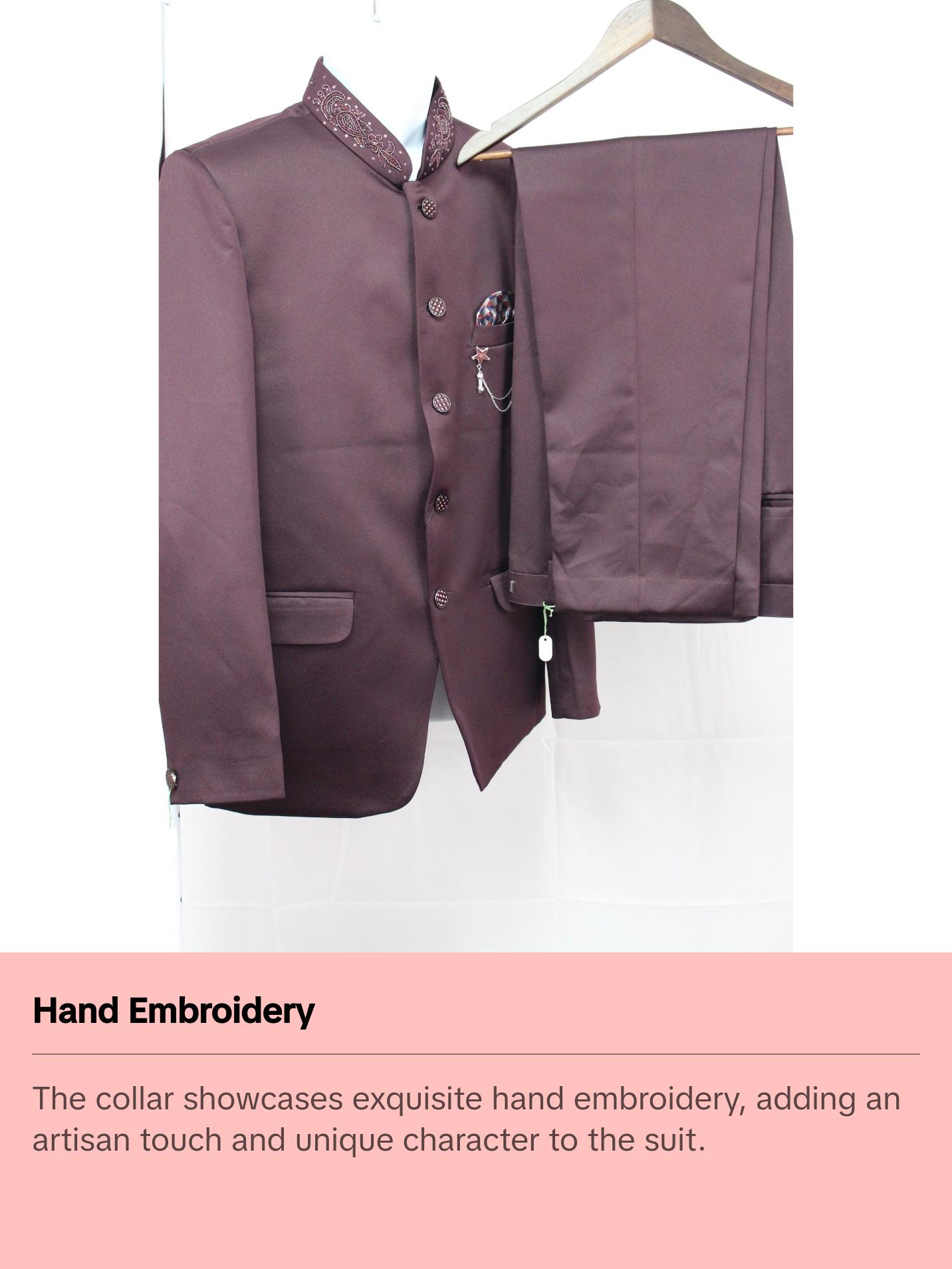 Burgundy Colored Two Piece Suit for Men with Hand Embroidered Collar