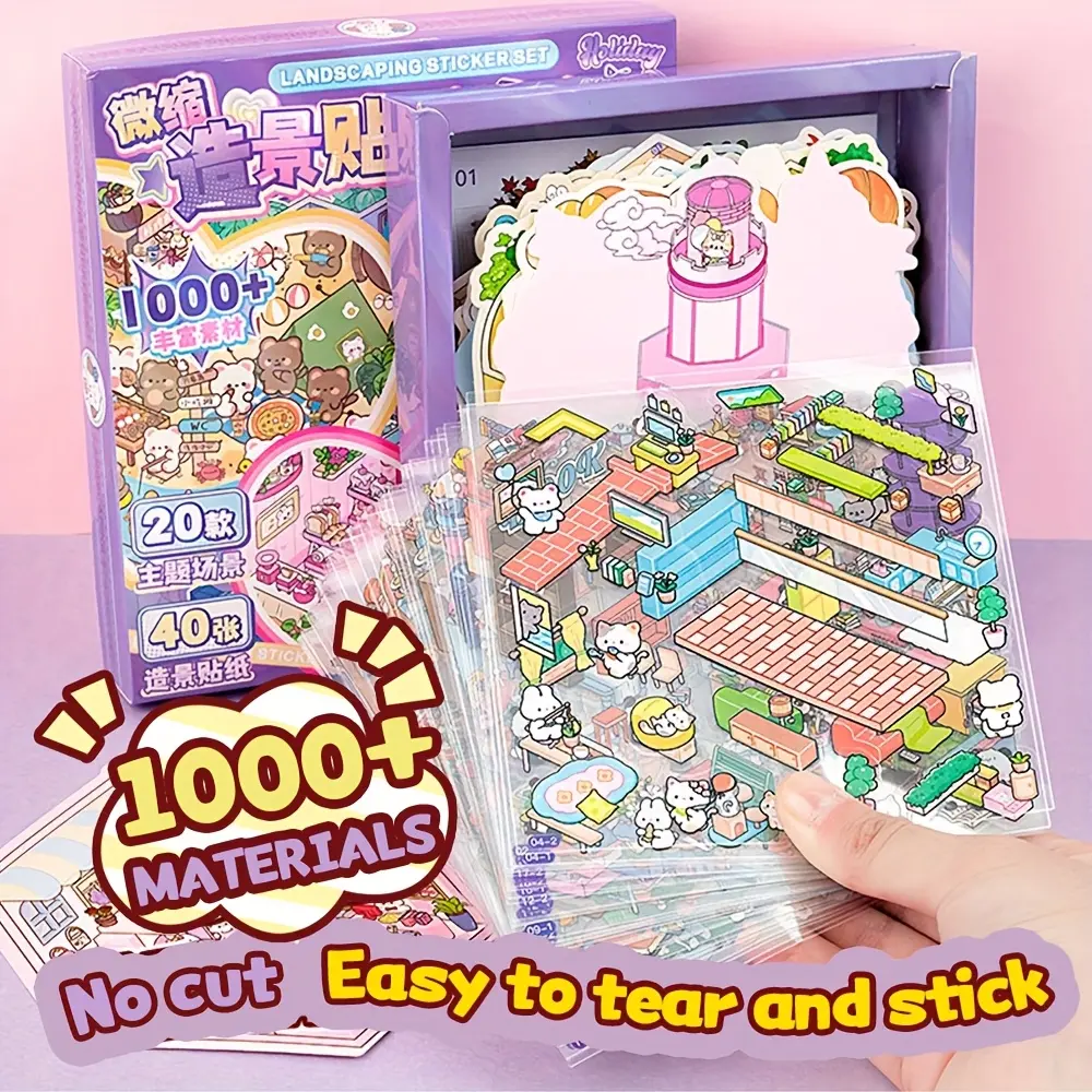 1000PCS Scene Sticker Blind Box – 20 Sets 3D Miniature Landscape Stickers, Aesthetic Scrapbook & DIY Mini House Kit, Stress Relief for Adults