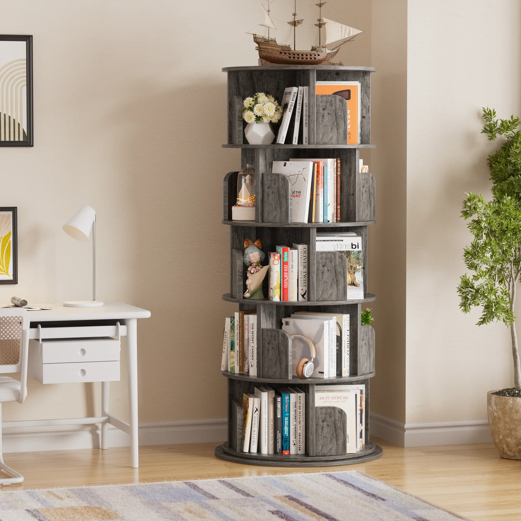 Multi-Tiers Rotating Bookshelf with Baffle - 16–24 Cubbies Floor Standing Open Display Storage Rack, Corner Organizer for Small House Design, Book Nook & Home Library Use