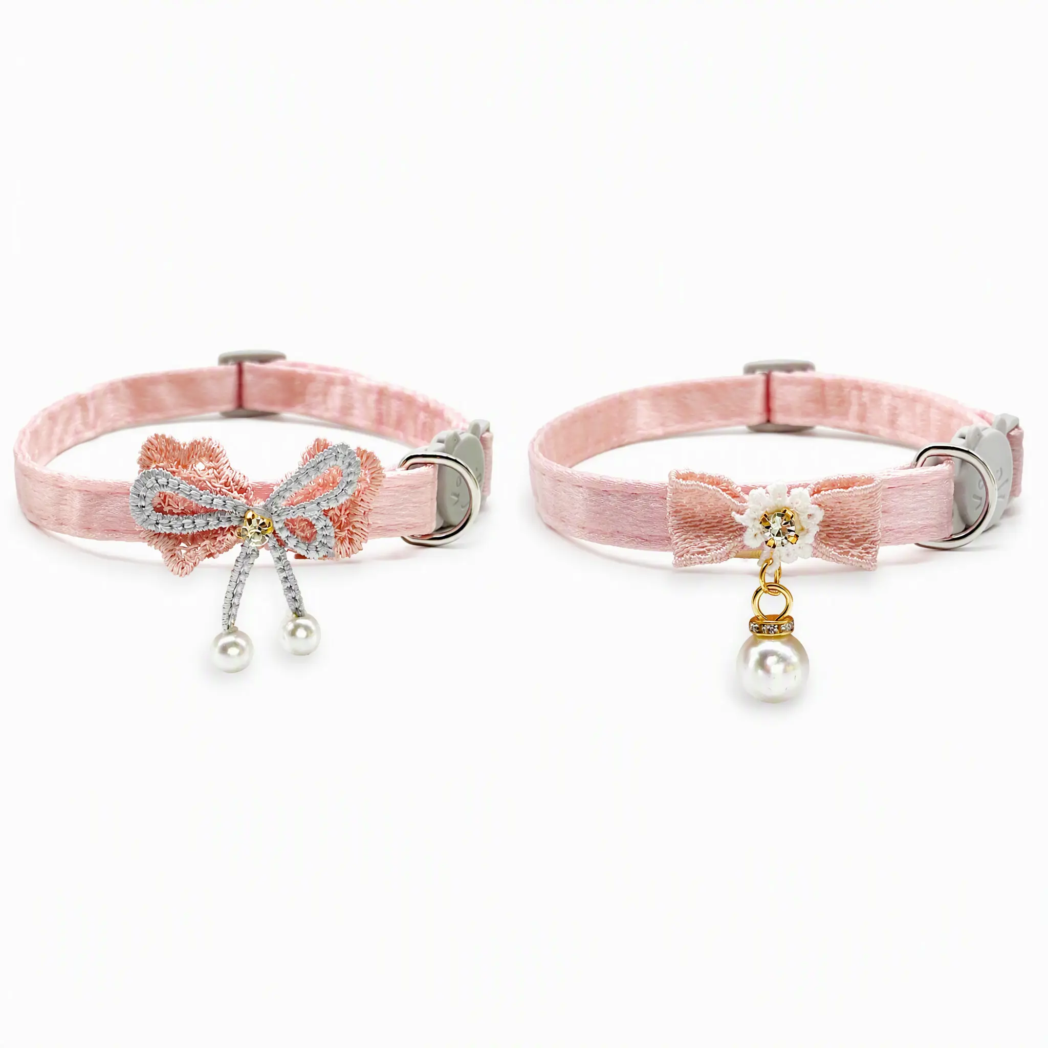 Elegant Lace Bow Breakaway Cat Collar - Pink Scrunchie Strap, Silver Embroidery, Rhinestone Center, Double Pearl Drop Charms, Adjustable, Comfortable Wear, Safe Release, Smooth Satin Kitten Collar