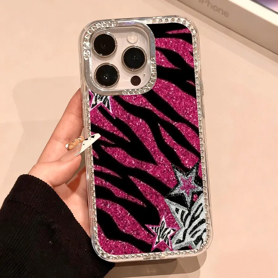 Luxury Transparent Pink Zebra-Stripe Starry Sky Rhinestone Smartphone Casing - Protective Unisex Multi-Model Cover for iPhone 17,16,15,14,13,12 Pro,11 Pro Max,14 Plus Series Cellphone Accessories