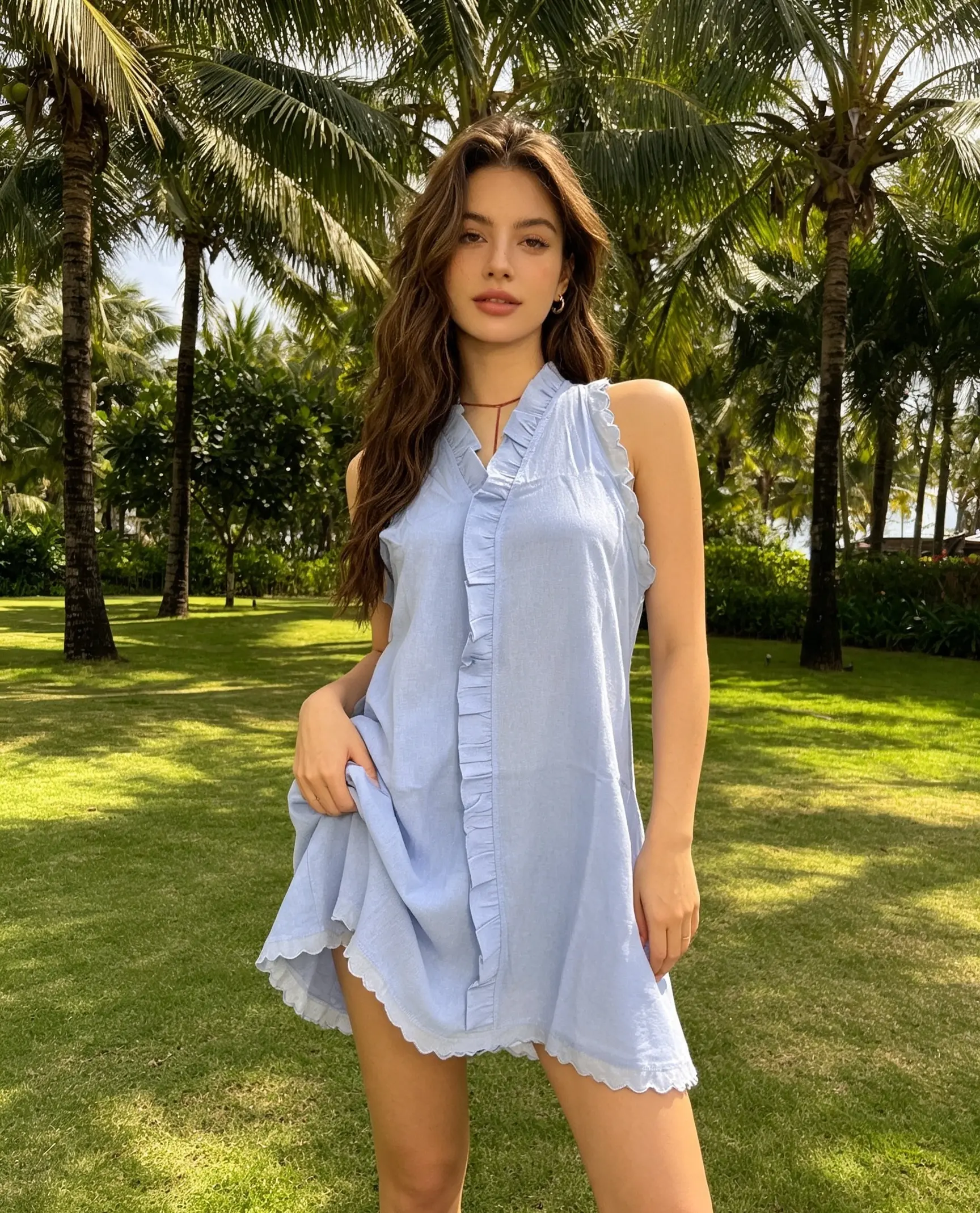 Women's Summer Casual Solid-Color Cotton-Linen Sleeveless Cover Up Dress, Embroidery & Ruffles Details - Ideal for Vacation, Travel