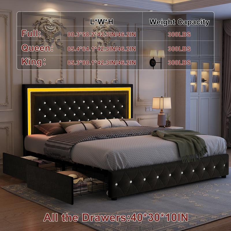GEGOFORU LED Bed Frame King Size with Storage Drawers, Upholstered Modern Platform Bed, RGB Lights, No Box Spring Needed, Perfect Gift