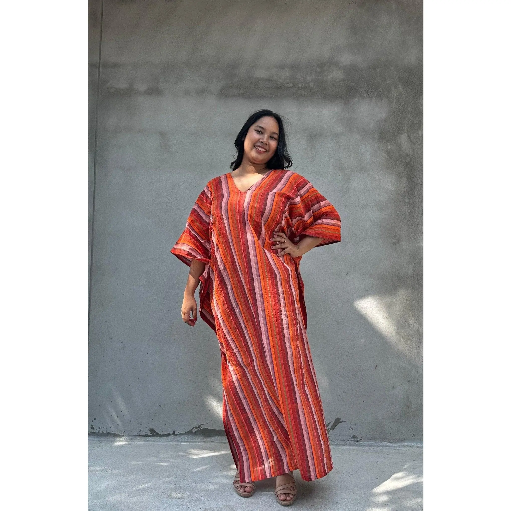 Women's Modest Islamic Ella Plus Size Cotton Kaftan - Striped, Casual, Elegant, Relaxed Fit, Loose, Beach Cover-Up, Resort-Wear