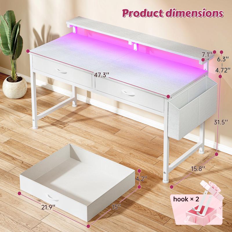 【Vanity & Computer Desk】31.5'' Gaming Desk with LED Lights in Dorm & Tiny home,Computer desk with 2 Storage Drawers,Home Office Desk with Side Pocket & Ergonomic Monitor Stand,Writing Table with Anti-Tip Design, Nice gift for Women and Teens