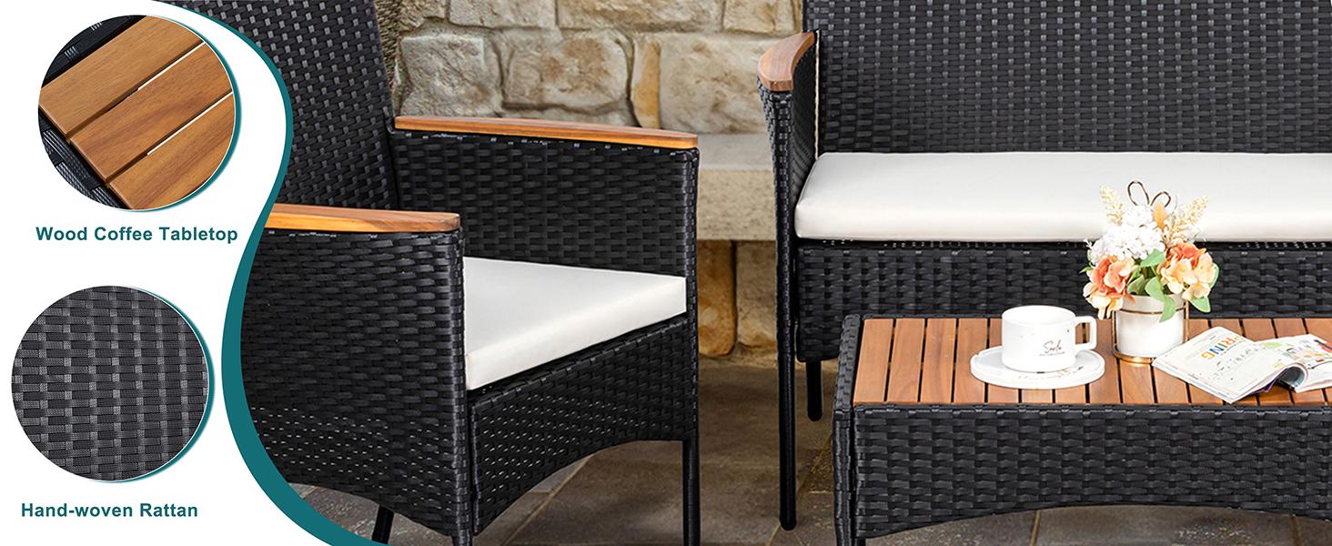 Walsunny 4-Piece Patio Furniture Set, Outdoor Wicker Patio Set with Cushions and Wooden Table for Lawn Backyard, White Rustic Dining Compact Walsunny 4-Piece Patio Furniture Set, Outdoor Wicker Patio Set with Cushions and Wooden Table for Lawn Backyard, White Rustic Dining Compact