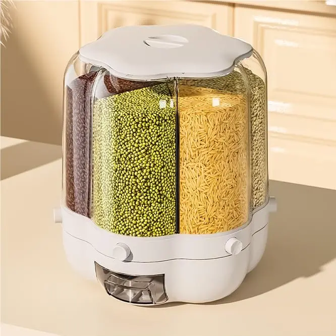 CNCEST Rotating Airtight Container - 6-Compartment Large Capacity Cereal Flour Dispenser with FIFO Flow, White Lid, Press-to Dispense, Recessed Handle, Easy Lift, Portion-Controlled Kitchen Canister for Rice, Grains, Airtight Containers, Cereal Flour Disp
