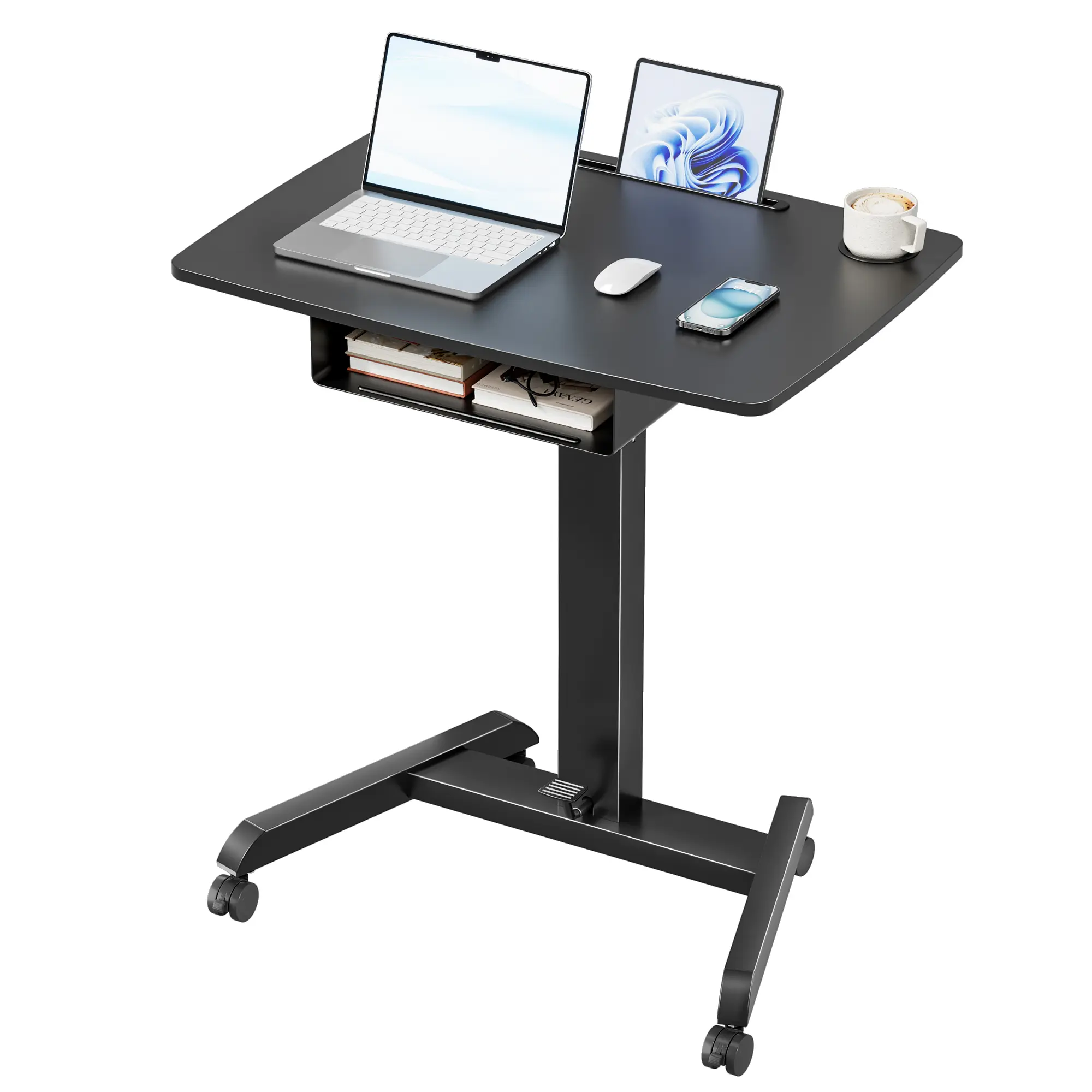 Pegzone Height-Adjustable Rolling Computer Desk, 31.5"L×22"W I-Beam Frame Metal Base, Adjustable Height Display, 25% More Space, Gas Spring Tested, Rolling Wheels, Drawer, Foot Pedal, for Home Office, Black, TikTok Shop Back to School