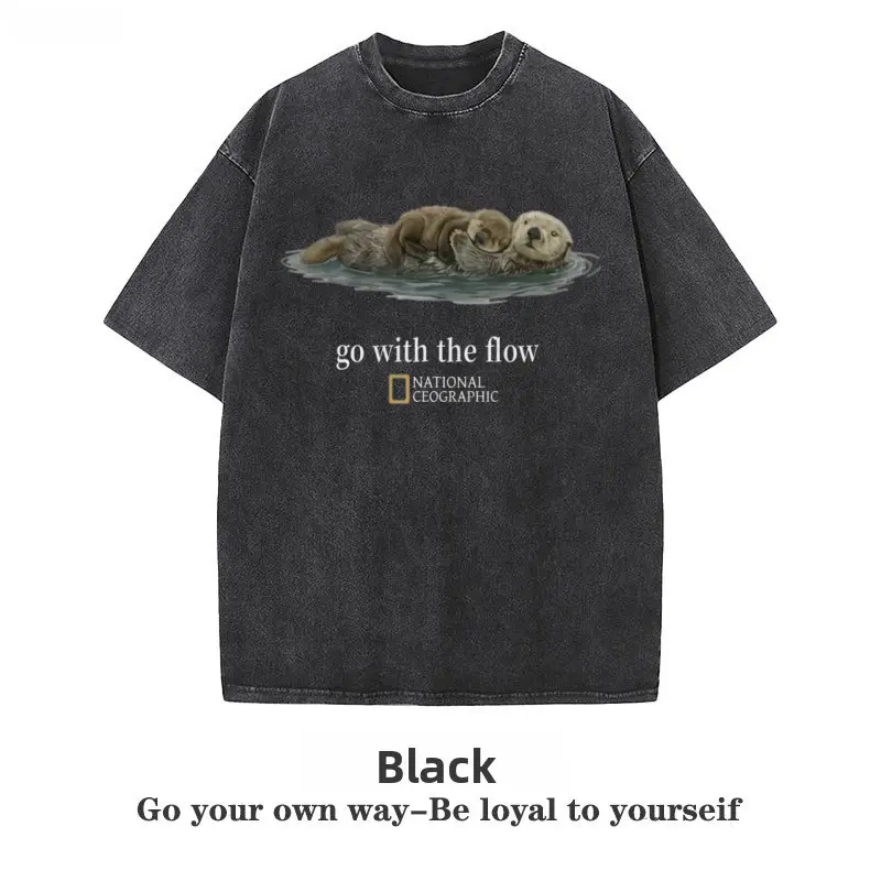 National Geographic "Go with the Flow" Unisex Round Neck Short-Sleeve Casual Thick Cotton Sports Washed Loose Graphic T-Shirt - Menswear Top, Gift Idea, Tshirt, Shortsleeve, Streetwear, Loose Fit, Graphic Print, Sporty Chic