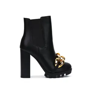 Godzilla Women's Chunky Heel Ankle Boots – Black Platform Chelsea Booties with Gold Chain Detail