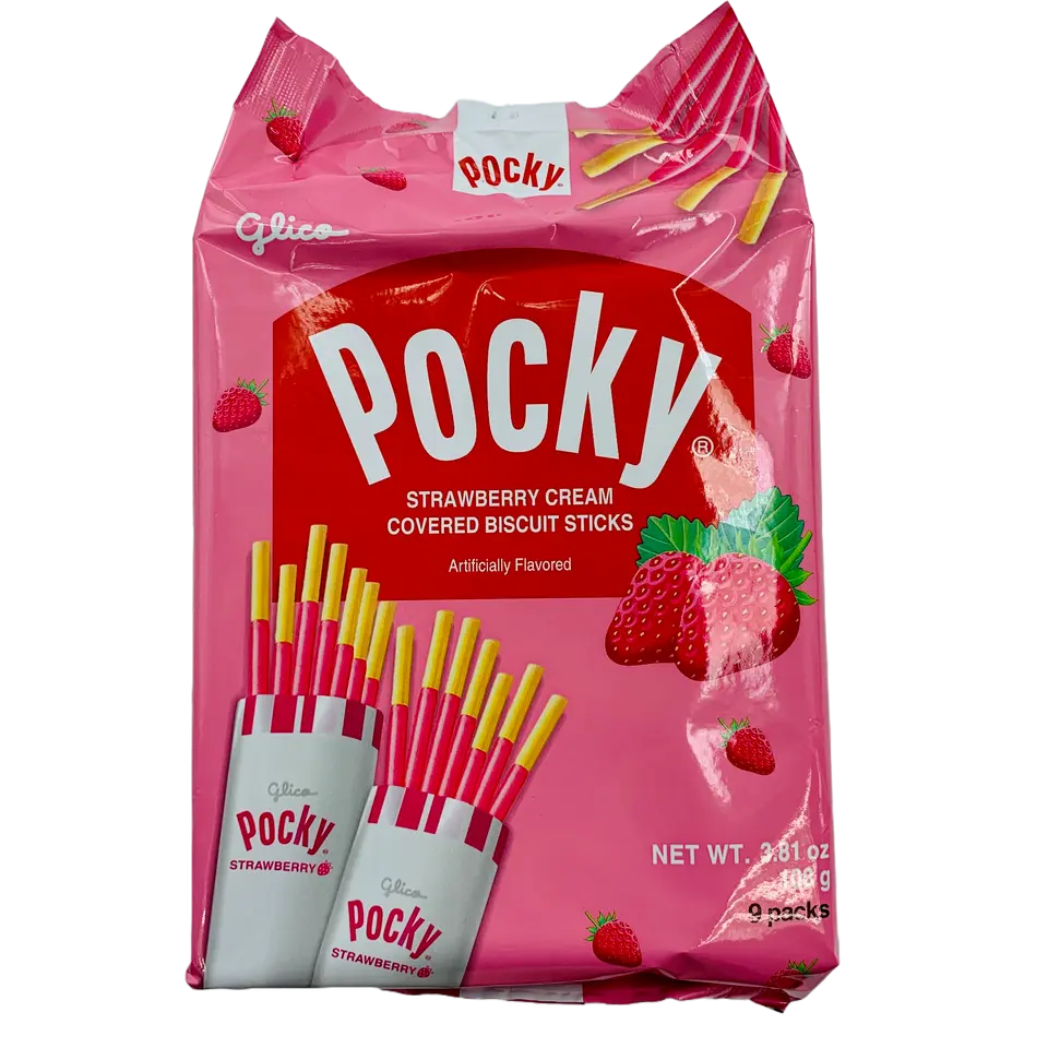 Pocky Glico Strawberry Biscuit, Crispy Sweet Snacks, Family-Size Snack Packs - 9P/108g Delicious Treat, Crunchy, Food, Cream Coated, Strawberry Flavored, Ready To Eat Snacks