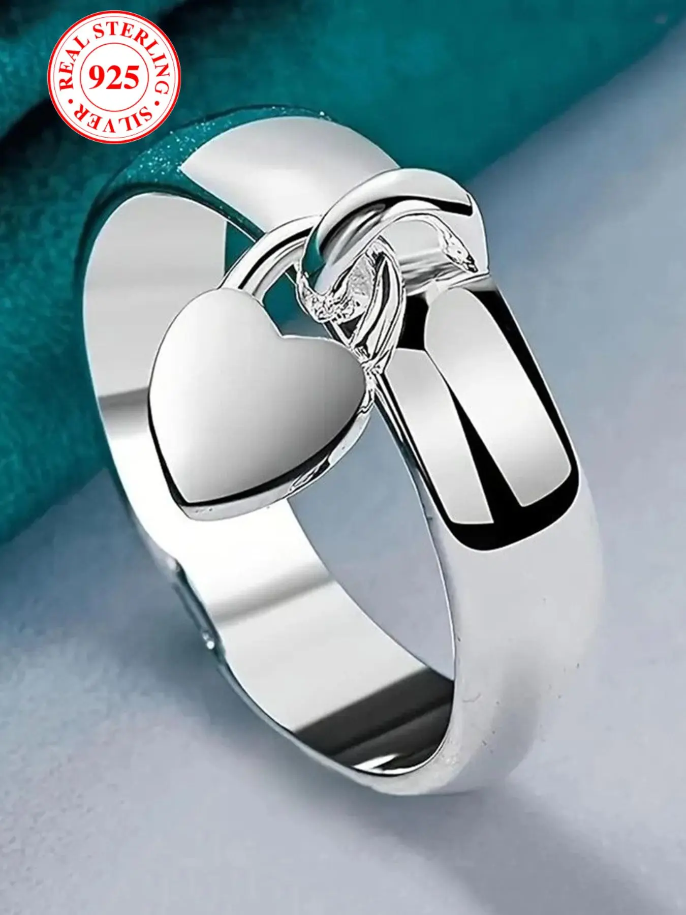 S925 Sterling Silver Heart Pendant Ring, Unisex Fashionable Polished Finger Ring with Box, Silver Color Love Charm Jewelry Gift, Heart Design Ring, Heart Shaped Ring, Statement Rings, Unique Rings