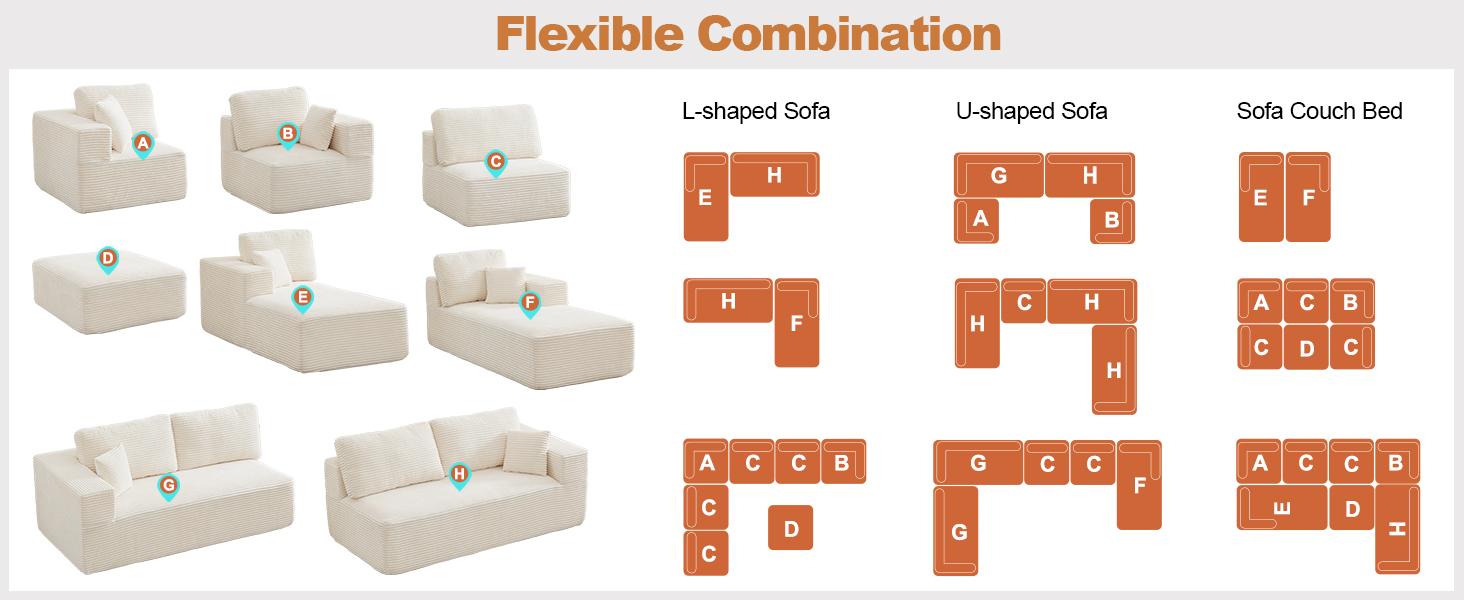 Modular Sectional Cloud Couch for Living Room,Modern Boneless Couche Set with Plush Corduroy,Comfy Floor Sofa with Memory Foam,Stupendous U Shaped Sofa with Chaise,No Assembly Required