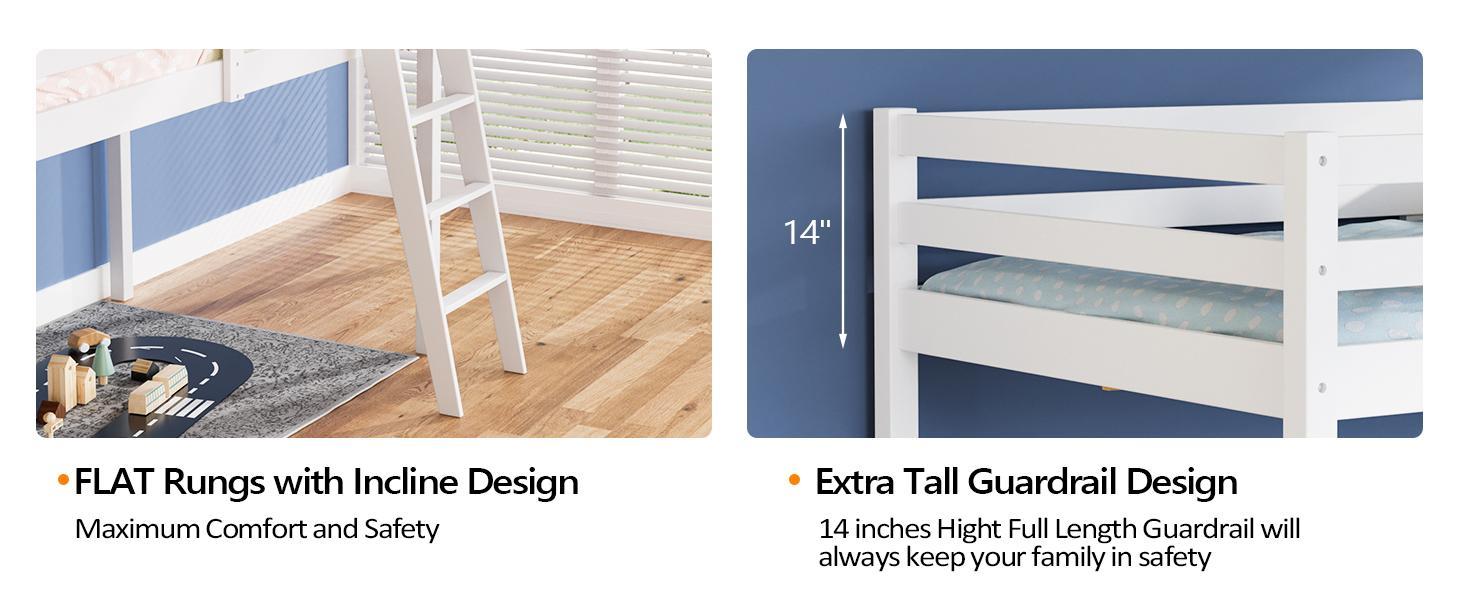 VINGLI 47'' Tall Junior Low Loft Bed with Stairs, White Wood Loft Bed Twin Size for Adults, Kids and Young Teens, No Box Spring Required,Wood Slat Support