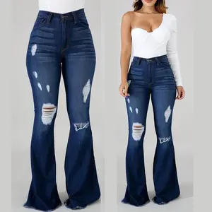 High Elastic Ripped Jeans High Waist Flared Pants Blue Denim Casual Bell Bottoms Womenswear Trouser Overall Statement Style Streetwear Basic Minimalist