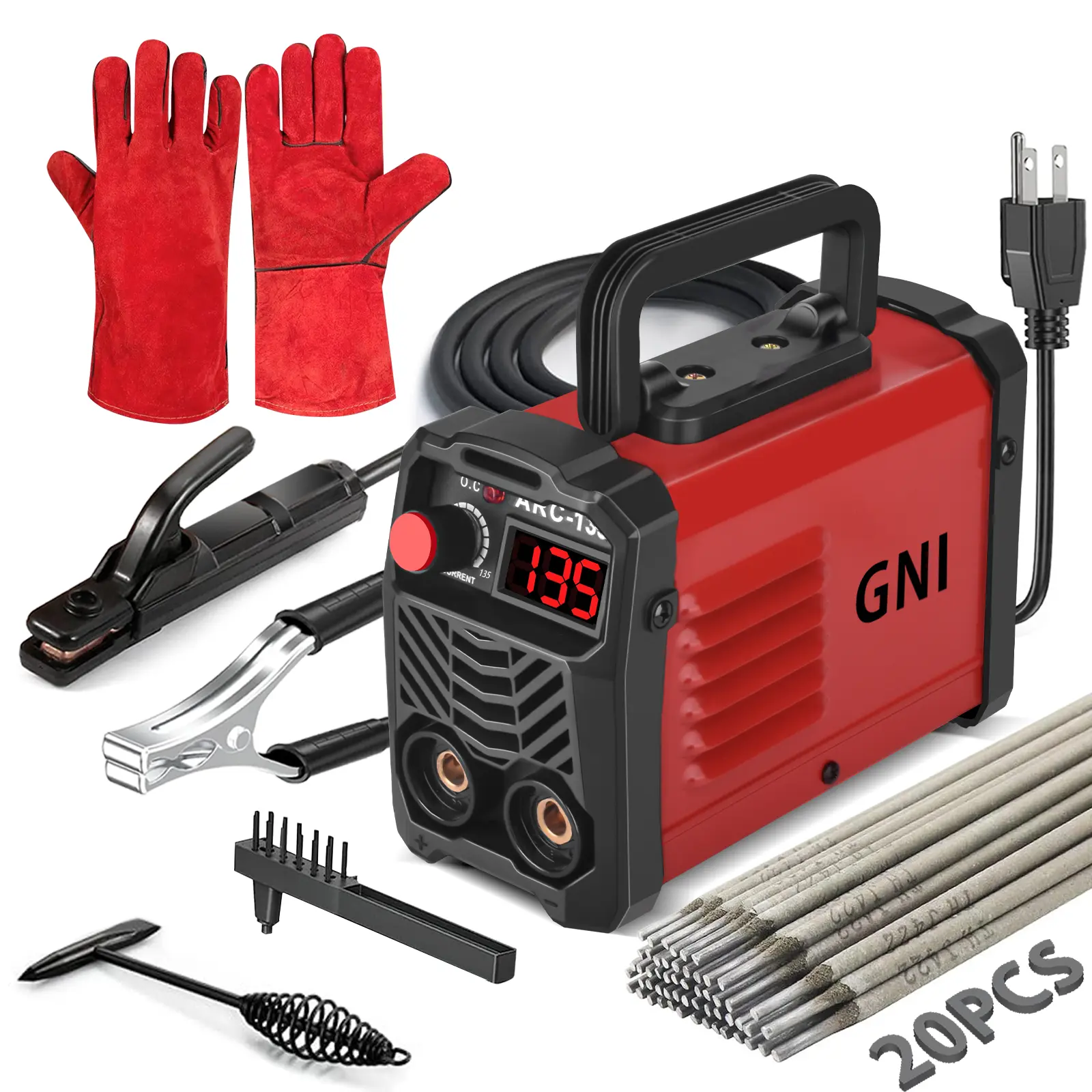 GNIWELDER 135Amp IGBT Inverter Handheld Digital Welding Machine, 110V Super Mini Portable Welder with Hot Start, Arc Force, Anti-Stick, 20PCS 1/16"-1/8" Rods & 2 Chip Hammers for Industrial Use, Handheld Welder Machine
