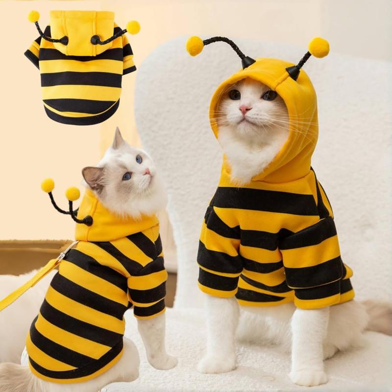 【Pet Supplies】Selena Cat Bee Antennae Hoodie Costume Dogs Cats Apparel Cute Stripe Outfit Medium Size Soft Fabric Keep Pets Warm Fun Dress Up Party Gift