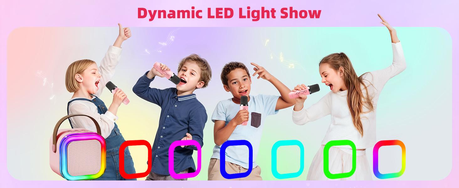 Mini Karaoke Machine K12 with Two Microphones, Colorful LED Lights, Suitable for Children Aged 8-14, Ideal for Family Parties and Birthday Gifts