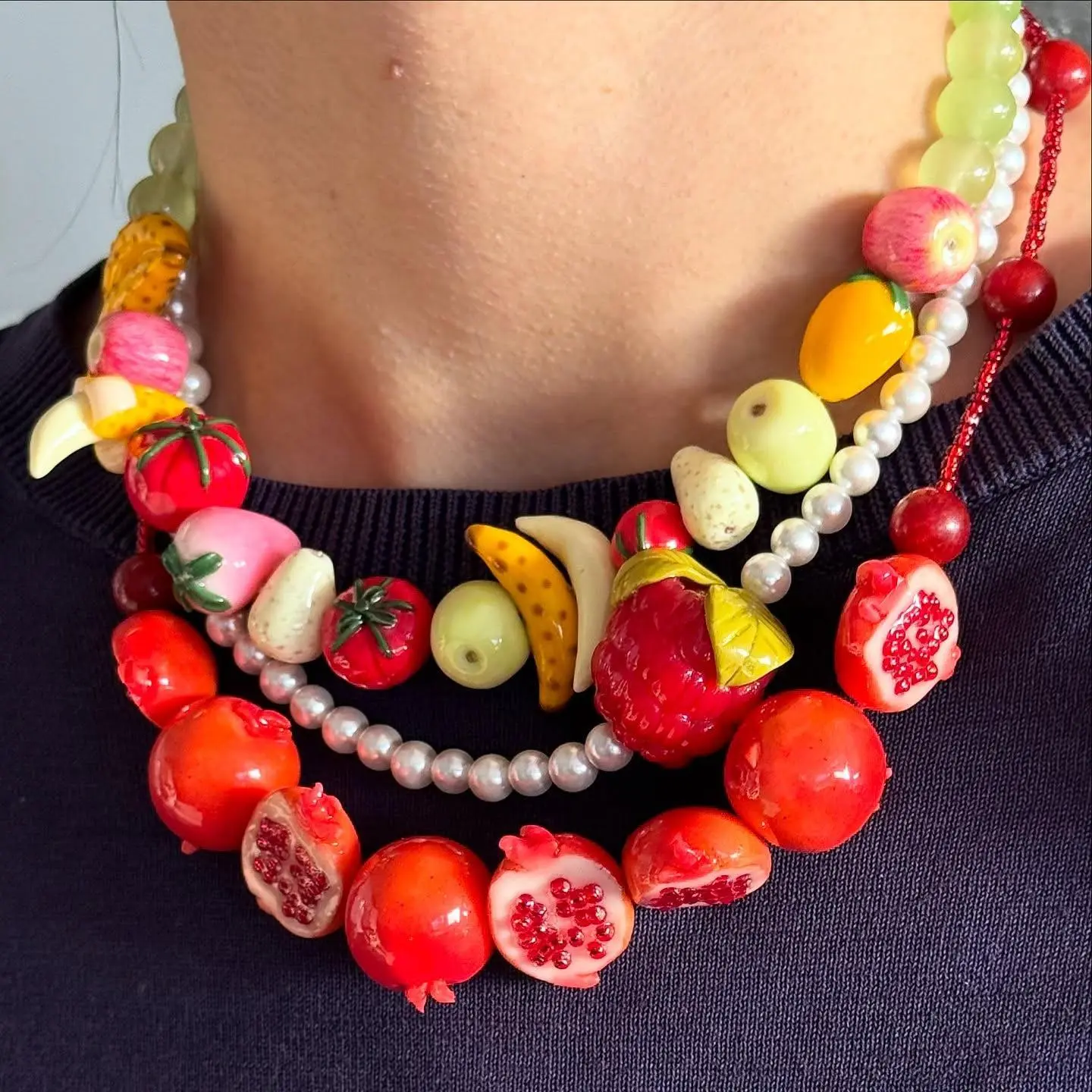 Handmade 3D Mixed Fruit Beaded Necklace Pomegranate Strawberry Banana Tomato Pearl Stacked Choker for Women Summer