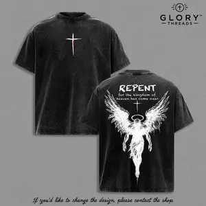 Repent Vintage Washed Oversized Christian T-Shirt, Angel Wings Faith Graphic Tee, “Kingdom of Heaven Has Come Near” Gospel Streetwear Top, Heavy Cotton Unisex Retro Worship Shirt