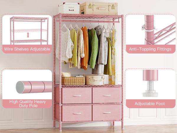 Raybee 3 in 1 Clothes Rack with 4 Drawers, 445LBS Heavy Duty Clothing Rack Closet Rack, Garment Racks for Hanging Clothes Heavy Duty Clothes Rack DIY Portable Adjustable Storage Rack for Apartment, Bedroom, Laundry Room