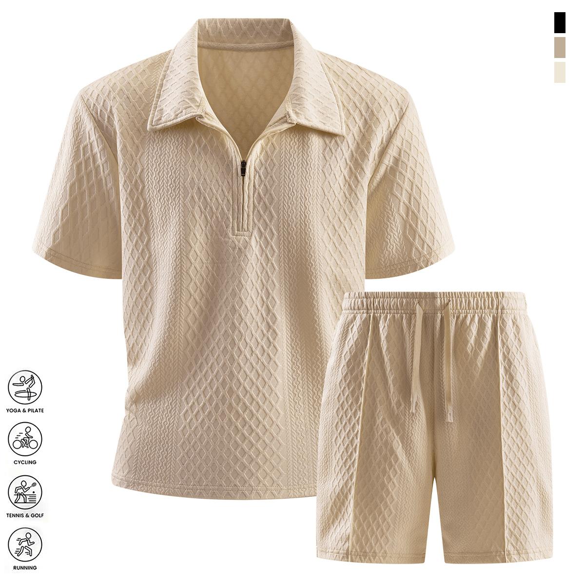 Men's two-piece set summer solid color casual sports short-sleeve polo shirt with lightweight pocket drawstring elastic waist shorts suitable for vacation beach golf outdoor sports breathable cool soft mesh fabric an essential for summer