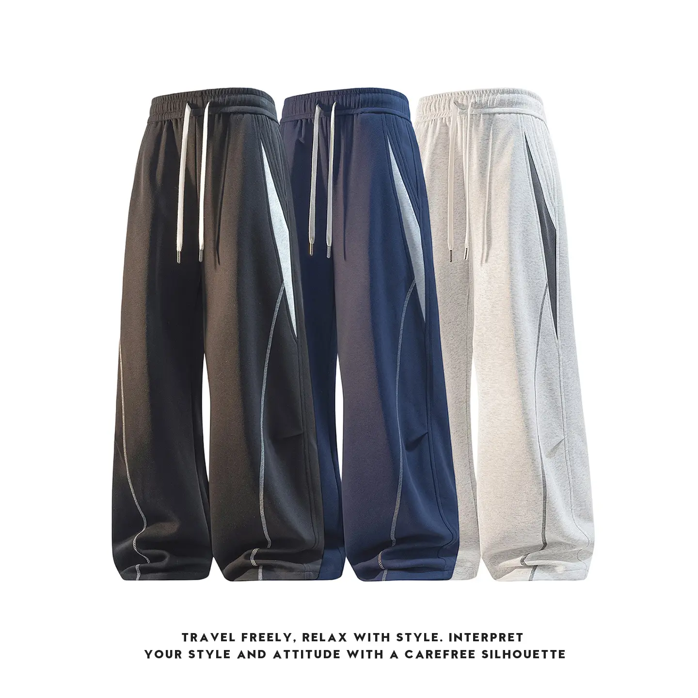 Men's Baggy Sweatpants - Loose-Fit Wide-Leg Cotton Blend Pants with Geometric Contrast Stitching, Elastic Waistband for Casual Streetwear