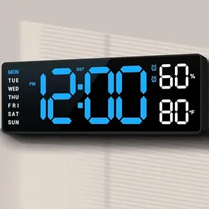 Large Digital Display Alarm Clock - Wall Mount & Desk Clock with Calendar, Temperature, Date, Blue LED Backlight, Modern Home/Office Accessory