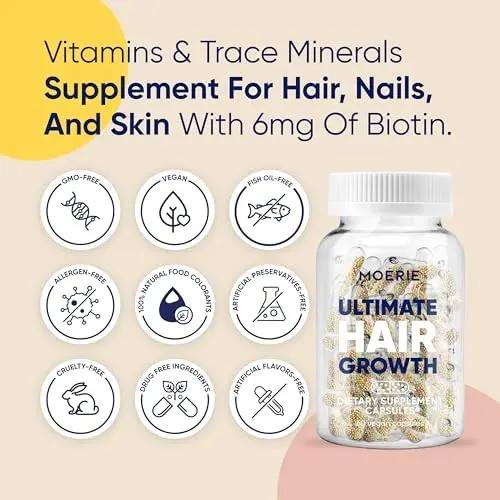 Moerie Hair Growth Supplement for Women & Men - Hair Skin and Nails Vitamins With Biotin, Q10 & Minerals - For Thicker, Fuller Hair & Hair Loss Treatment - Advanced Beadlet Delivery System - 120 Pills