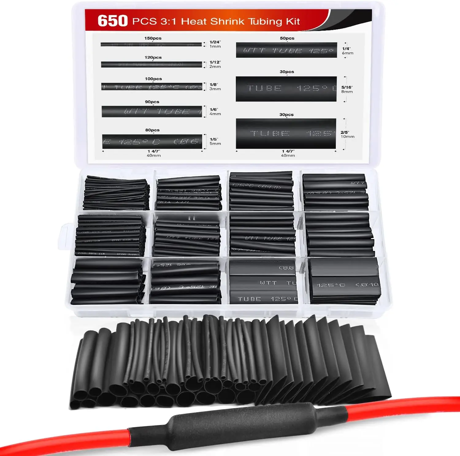 Nilight 650pcs 3:1 Ratio Heat Shrink Tubing Kit, Electrical Wire Cable Sleeve Wrap Assortment for Heavy Wire - Flame Retardant, Waterproof, Insulation Protection, -55°c to +125°c (Father's Day Gift Option)