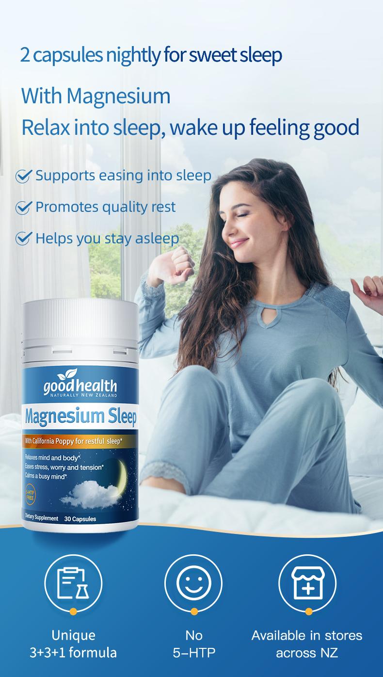 Goodhealth Magnesium Sleep Support - California Poppy & Passionflower & Ashwagandha - Triple Magnesium Complex - Herbal Formula for Stress Relief & Deep Sleep - Energy & Overall Fitness Healthcare - Vitamins -GMP, NZ Made - 30 Capsules - Supplement Edible