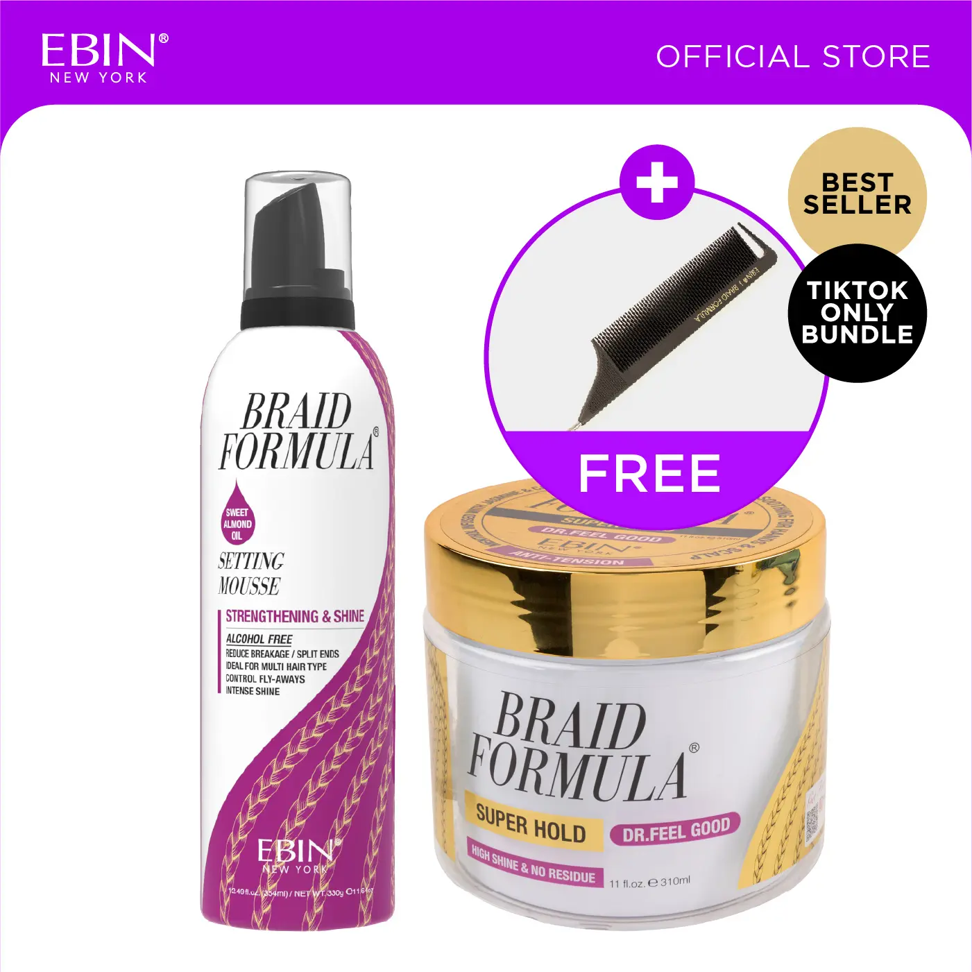 EBIN Braid Formula Conditioning Gel + Setting Mousse Sweet Almond Oil Bundle with FREE Pintail Parting Carbon Comb | Braiding Gel & Mousse for Knotless Braids, Twists & Locs, Clean Parts, Strong Hold, Flyaway Control, Nourishing Moisture & High Shine